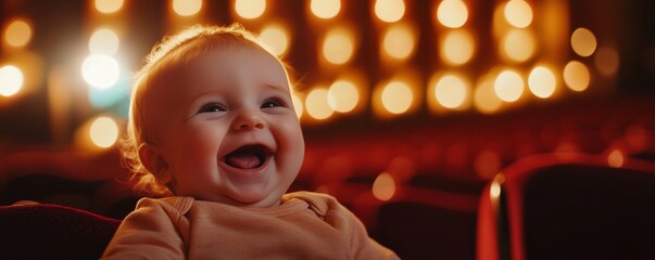 Giggling infant watching entertainment, surrounded by soft-focus red seats and dim theatrical lighting