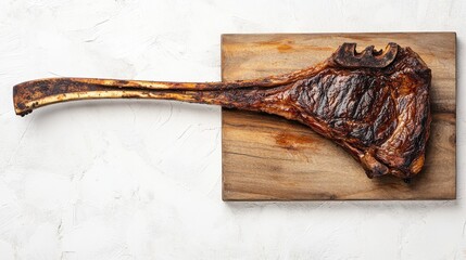 Grilled tomahawk beef steak set, on wooden serving board, on white stone background, top view flat lay, with copy space for text