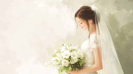 Elegant bride in white dress holding bouquet, profile view.