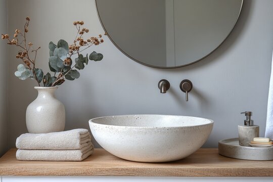 Modern bathroom with a round mirror and wooden elements