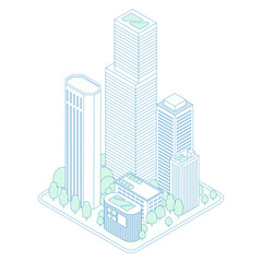 アイソメトリックの都市のイラスト。高層ビルと商業ビルが立ち並ぶ緑化された都会の風景。 ©  Mercer