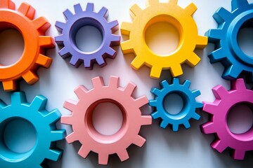 Colorful gears on a white background in a playful arrangement