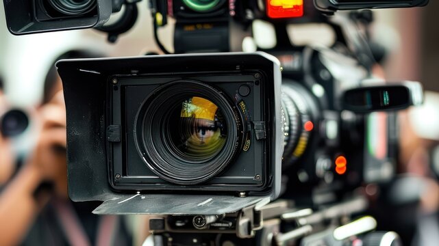 Close up of professional camera lens, symbolizing media production and visual storytelling in photography and videography