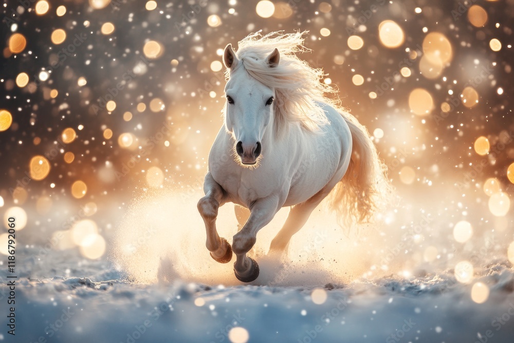Poster a unicorn galloping through a magical snowstorm, leaving trails of shimmering light behind it