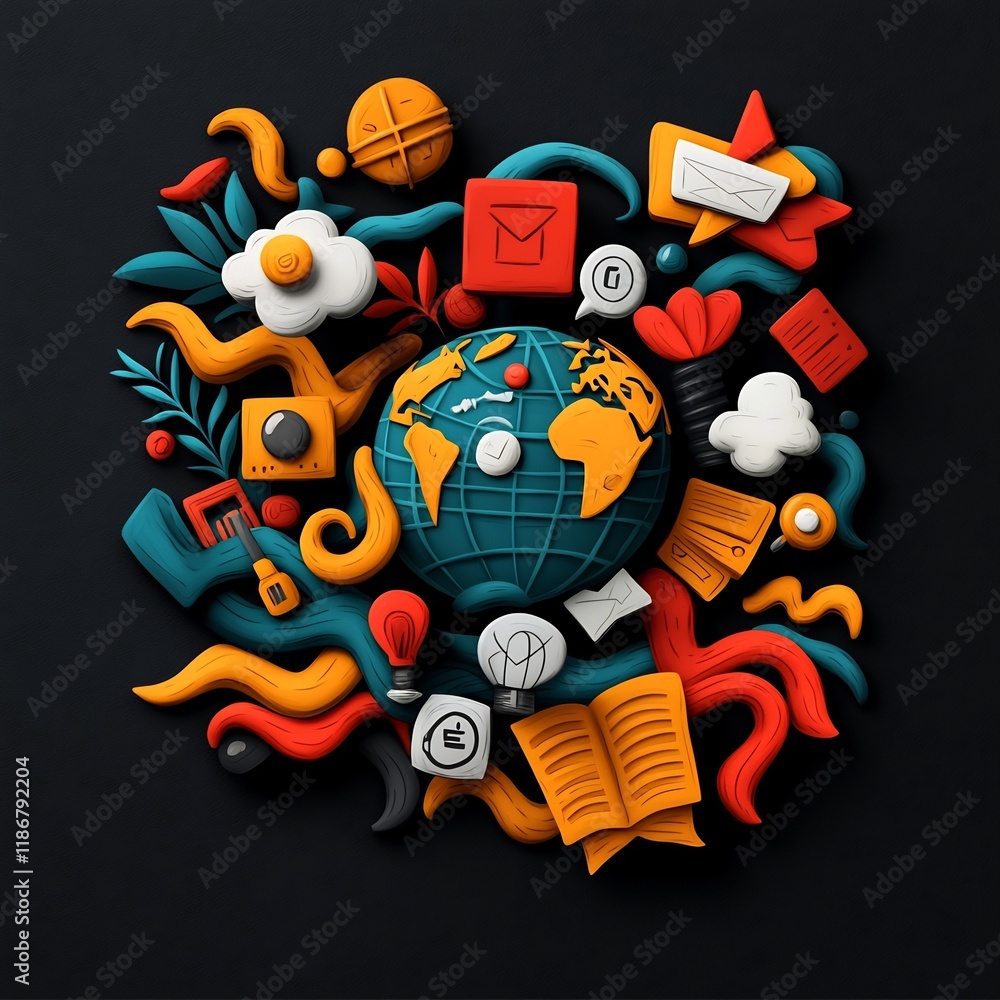 Poster vibrant digital community symbols and communication concept in playful doodle style hand drawn icons