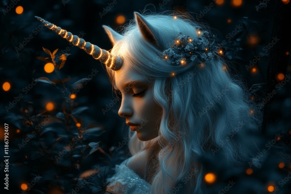 Poster A unicorn peeking through the trees in an enchanted forest, its glowing horn casting soft light on the surrounding foliage