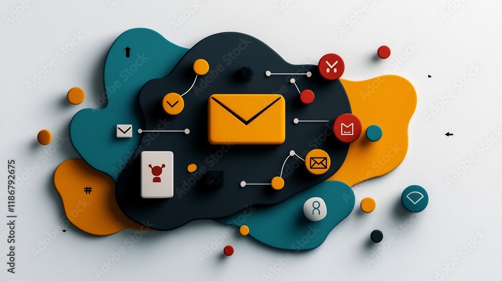 Poster interconnected digital community with hand drawn user interface elements arrows and mail sign featur