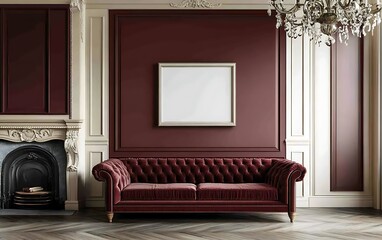 Fototapeta premium Elegant burgundy velvet sofa in a classic room. Interior design mockup. Lifestyle