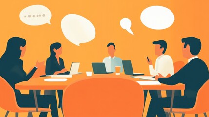 Businesspeople collaborating around a table, engaged in discussion with laptops and mobile devices.