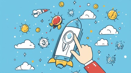 Hand pointing at rocket launching, business startup concept.