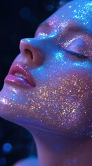Glamorous female model posing with sparkling makeup, illuminated by vivid colored lighting and dramatic styling