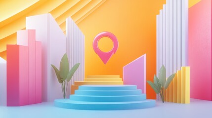 Abstract pastel city scene with location pin on podium.