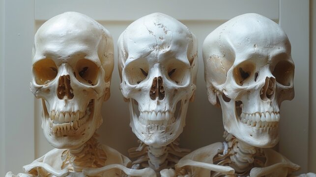 Three skulls on a white background, rendered in a realistic manner. Great for medical textbooks, scientific articles and thematic exhibitions.