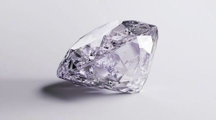 Close-up of a single, brilliant-cut diamond gemstone on a light gray background, showcasing its facets and sparkle.