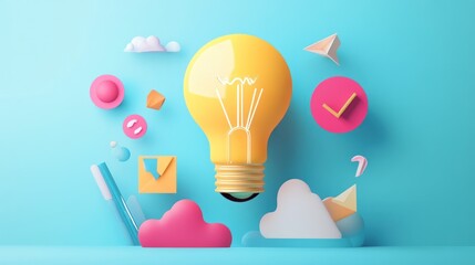 Yellow lightbulb idea concept with colorful 3D shapes on blue background.