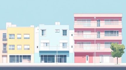 Pastel-colored buildings line a quiet street, showcasing a serene urban scene.