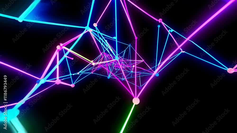 Poster exploring vibrant digital networks in a mesmerizing 3d environment filled with colorful lines and no