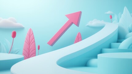 Upward trending arrow on pastel blue curved path with plants.