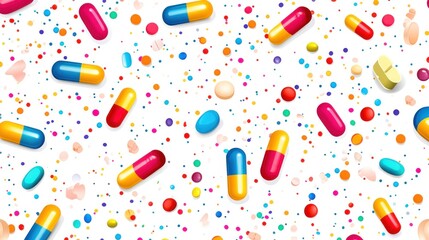 Colorful pills and capsules scattered on white background.