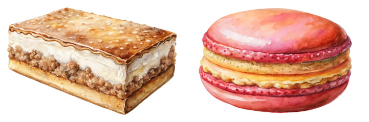 Colorful dessert illustrations, watercolor style, sweet treats, macarons and layered cake, food art, culinary design.