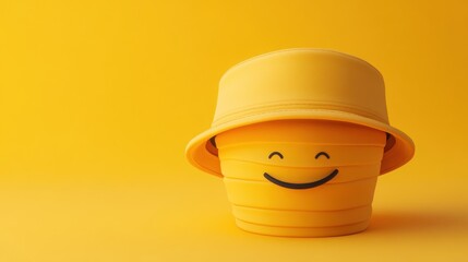 Happy yellow bucket wearing hat on yellow background.