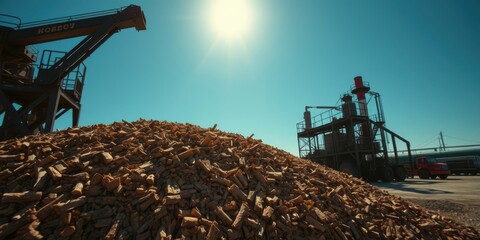 A large pile of wood chips sits in front of a processing plant with a crane in the foreground and the sun shining brightly overhead.