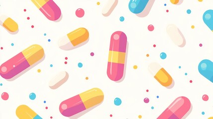 Colorful capsules and dots on white background.