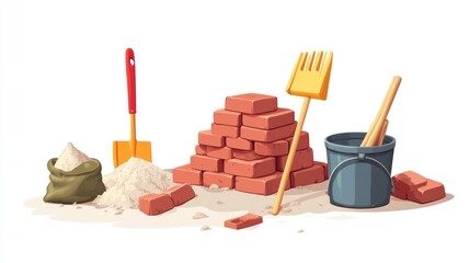 Construction tools and materials bricks, cement, shovel, trowel, bucket, wood.