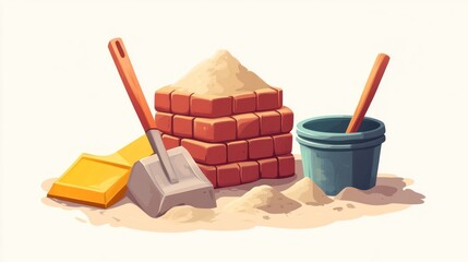 Construction tools, bricks, sand, shovel, pail, and trowel on a sandy surface.