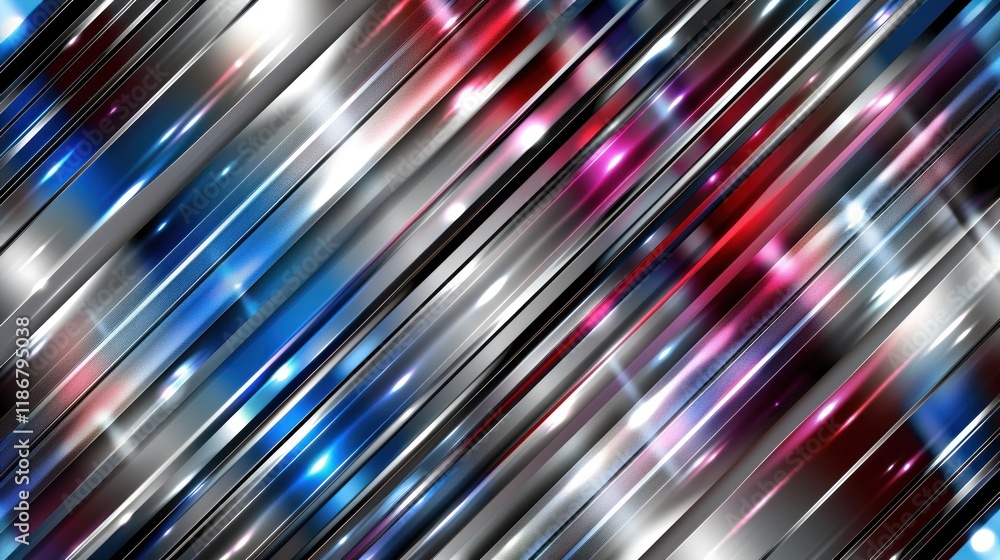 Poster abstract background with diagonal shiny metallic stripes in red, blue, and white with bokeh lights.