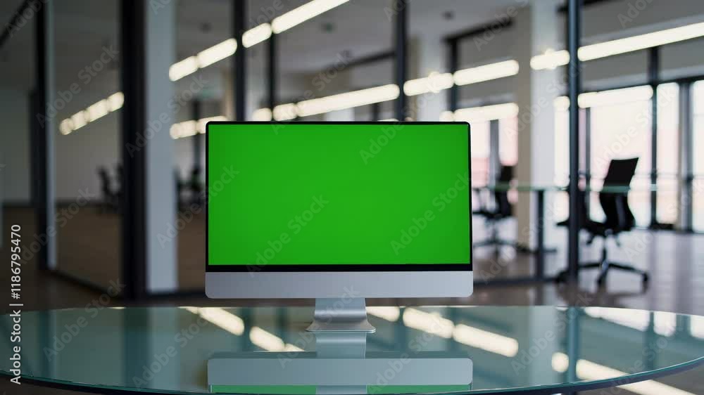 Aufkleber empty office space featuring a green screen monitor on a glass table showcasing a modern work enviro