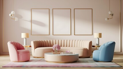 Pastel living room interior design, elegant furniture, sunlight. Use home decor inspiration