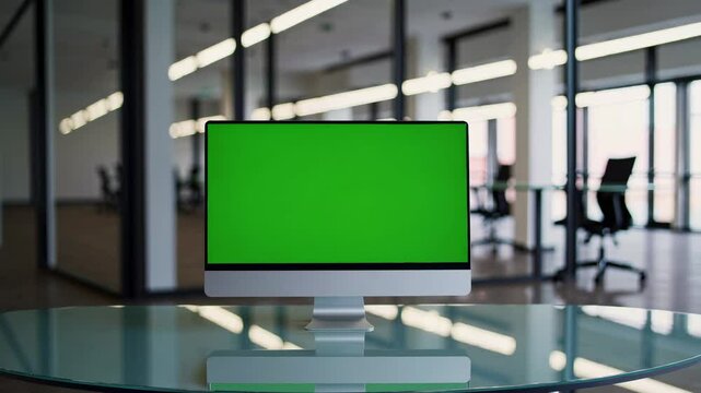 Empty office space featuring a green screen monitor on a glass table showcasing a modern work environment