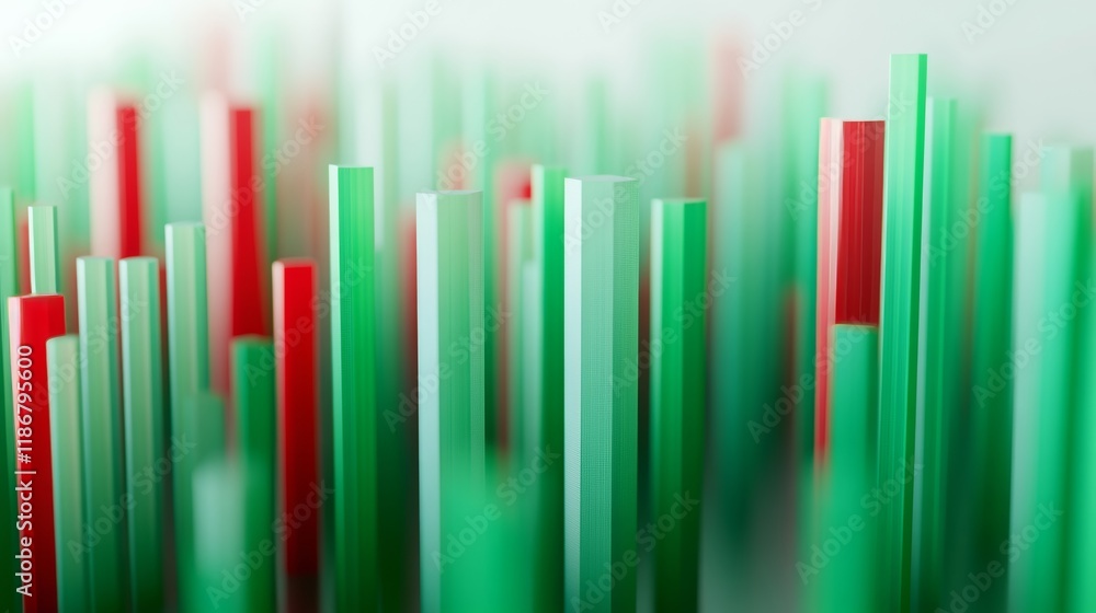 Poster red and green bars rising dynamically, presenting financial data visualization and growth metrics on