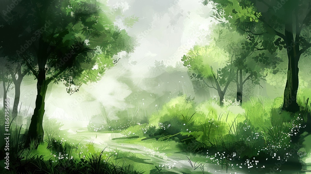 Poster lush green forest path with sunlight filtering through the trees and mist.