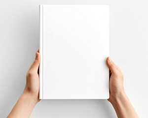 Hand Holding Book with Blank Cover on White Background. A Close-Up of Female Hand with Book for Bookworms or Design Content in White Edition