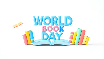 Playful "World Book Day" text in blue and pink surrounded by colorful books and an open book on white background. Concept of World Book Day holiday, literacy, and celebrating the joy of reading
