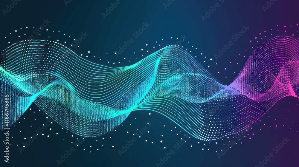 Poster abstract colorful wavy lines and particles on dark background.