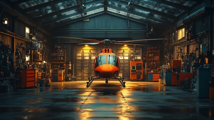 Orange Helicopter in a Dark Hangar Garage