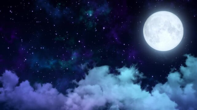full moon and starry night sky with clouds meditation motion background,glowing and shiny stars  relaxing social media design element