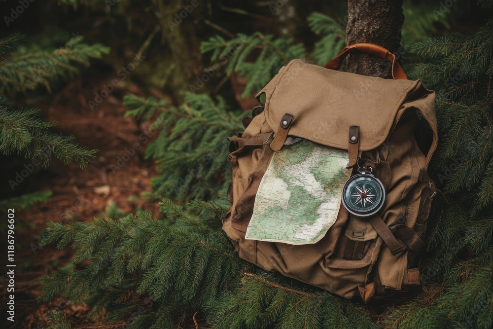 Poster exploring nature with a compass, map, and backpack resting against a tree in the forest during dayli