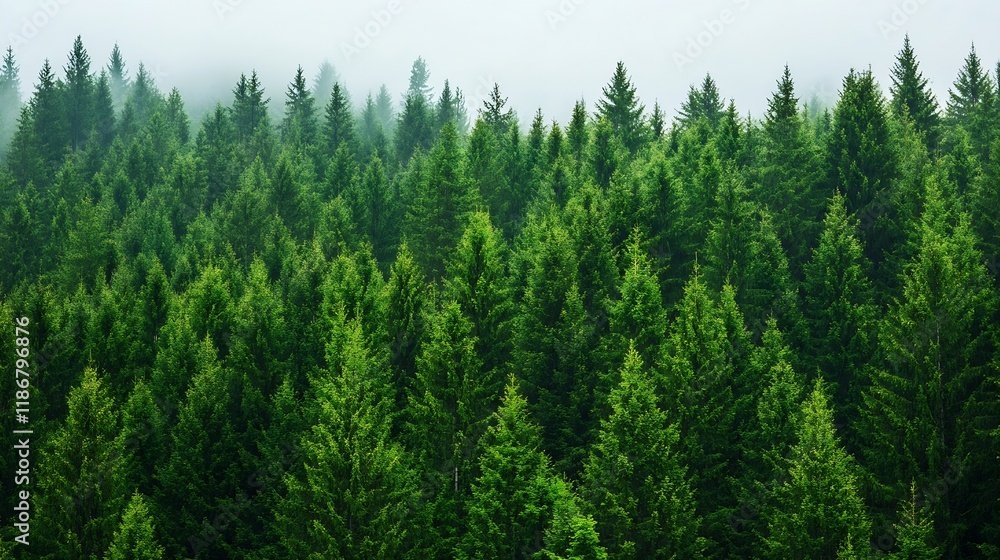 Poster lush green coniferous forest under mystical foggy atmosphere tranquil nature scene : generative ai