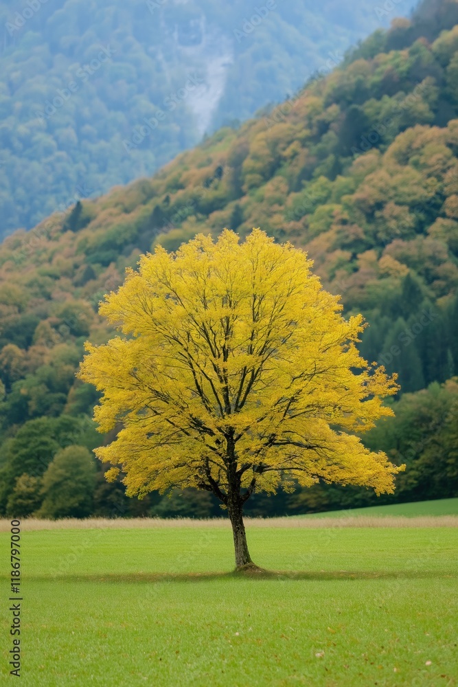 Aufkleber a tree with yellow leaves stands in a field. the tree is surrounded by green grass and is the only o