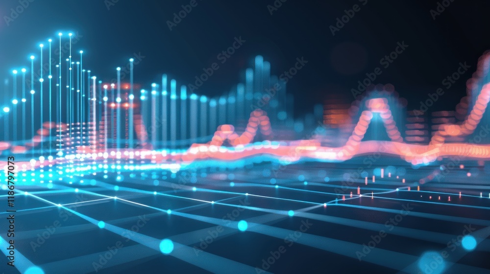 Poster abstract digital landscape with glowing data lines and graphs.