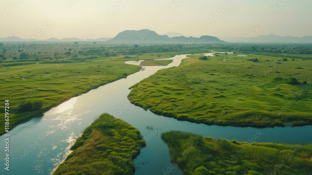 Poster aerial view of a meandering river flowing through lush green fields and distant mountains under a ha