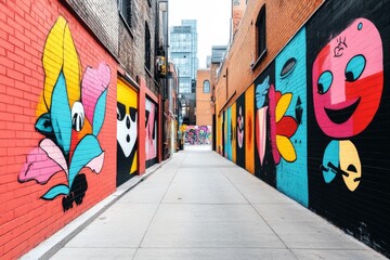 Fototapeta premium An urban alleyway covered in graffiti art, with vibrant colors and intricate designs lining the brick walls