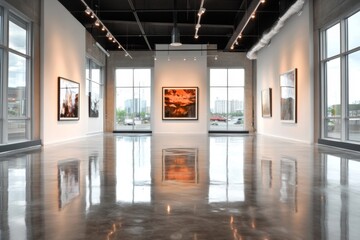 An urban art gallery in a repurposed warehouse, with vibrant murals and contemporary sculptures displayed