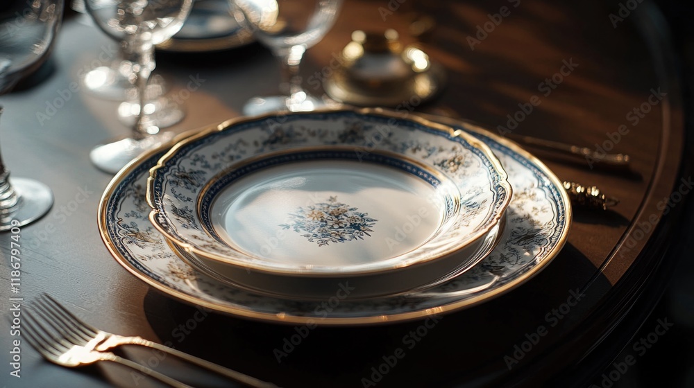 Poster table with a set of fancy dinnerware, including a large plate and a smaller one, and a fork and knif