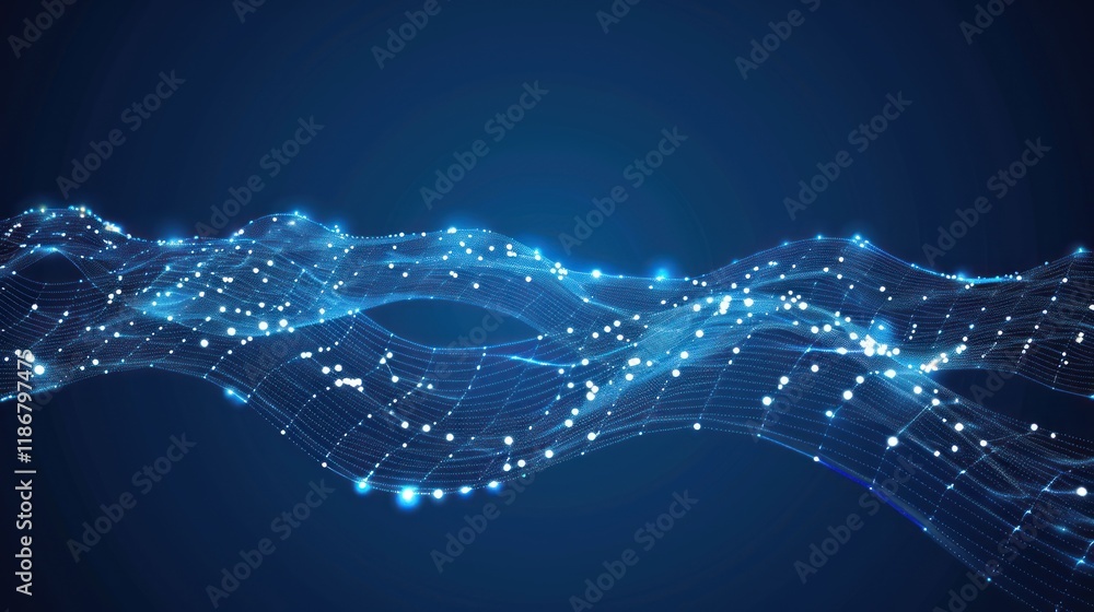 Poster abstract blue glowing wave of connected dots and lines on dark background.