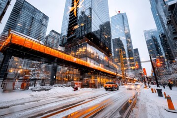 Obraz premium An urban construction site with cranes and scaffolding, surrounded by towering glass buildings